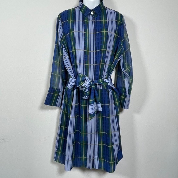 Gretchen Scott Dresses & Skirts - Gretchen Scott Shirt Dress L Blue Green Dark Academia Modest Plaid Belted Pocket